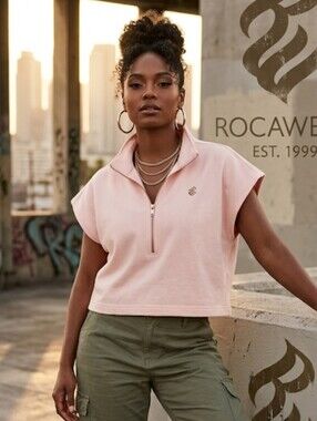 ROCAWEAR Women quarter zipped cropped sweatshirt top size Medium @E